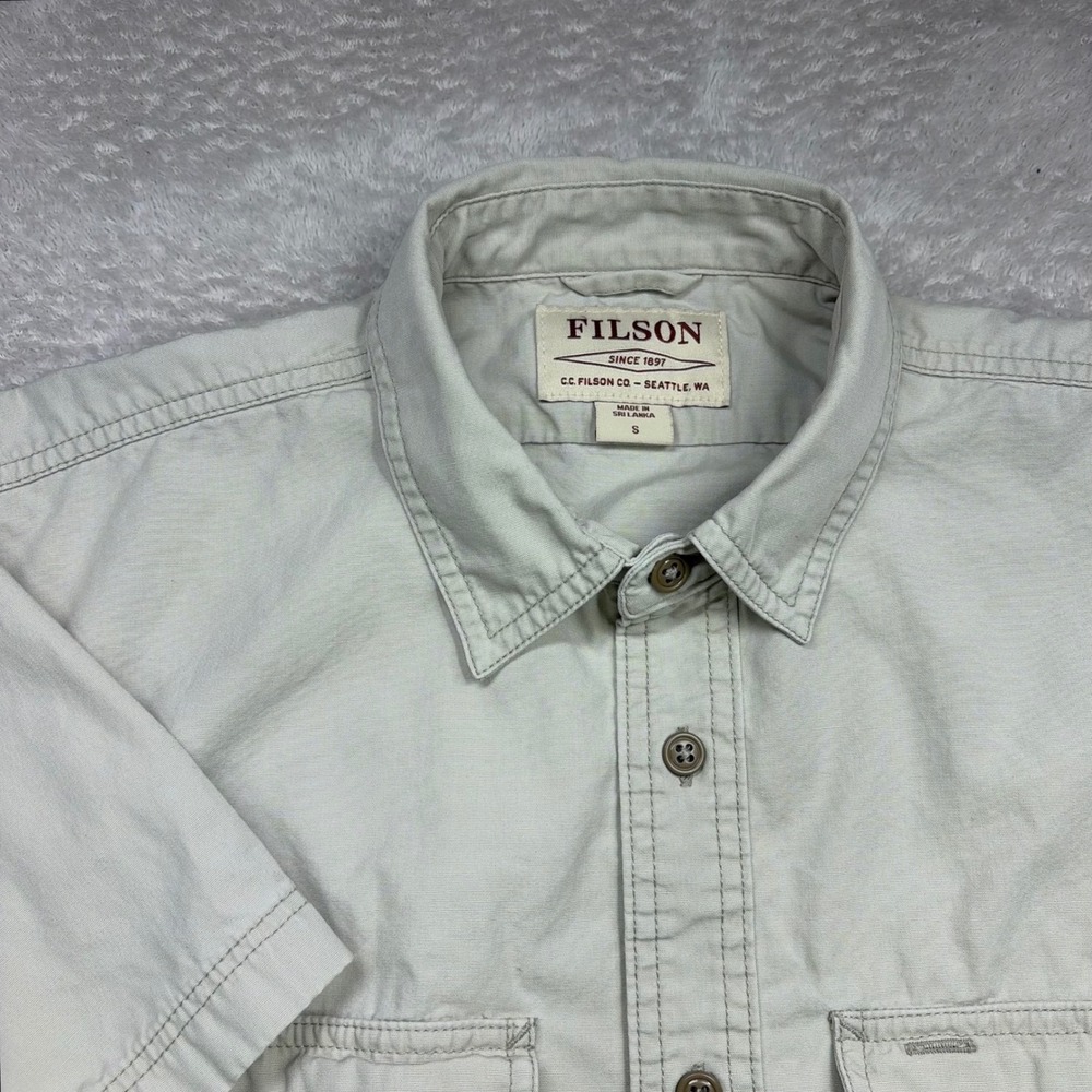 Filson Button Down Shirt Mens Small Beige Tan Short Sleeve Canvas Workwear Camp
